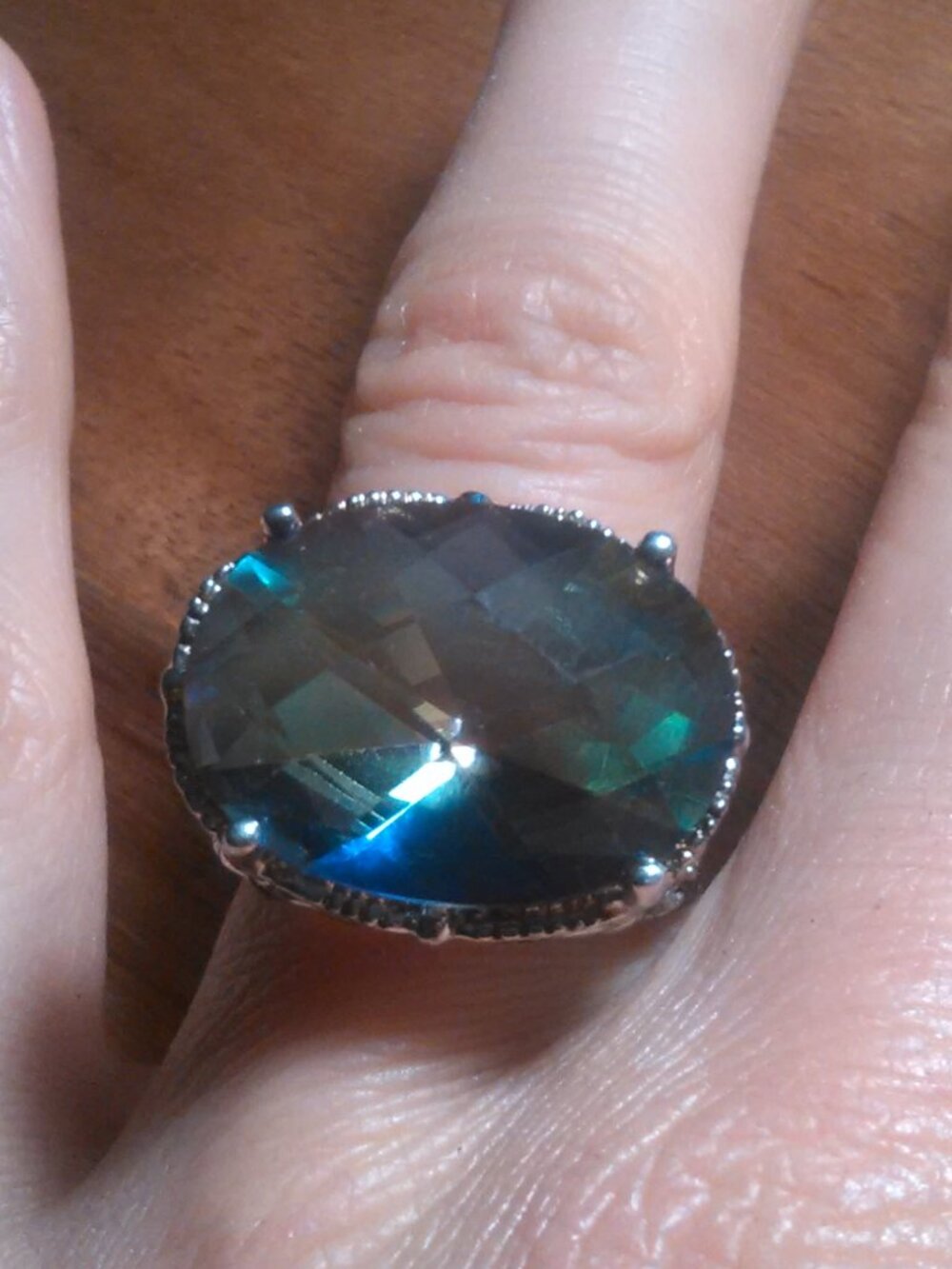 Beveled Blue Stone Silvertone Cocktail Ring (Size 7)